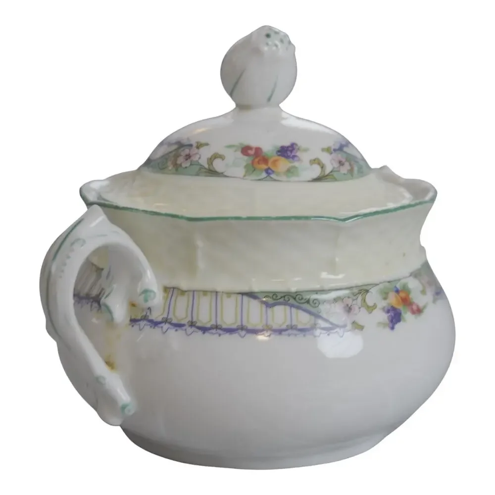 Antique TH Thun Czechoslovakia Porcelain Sugar Bowl Lid Floral Double Handle